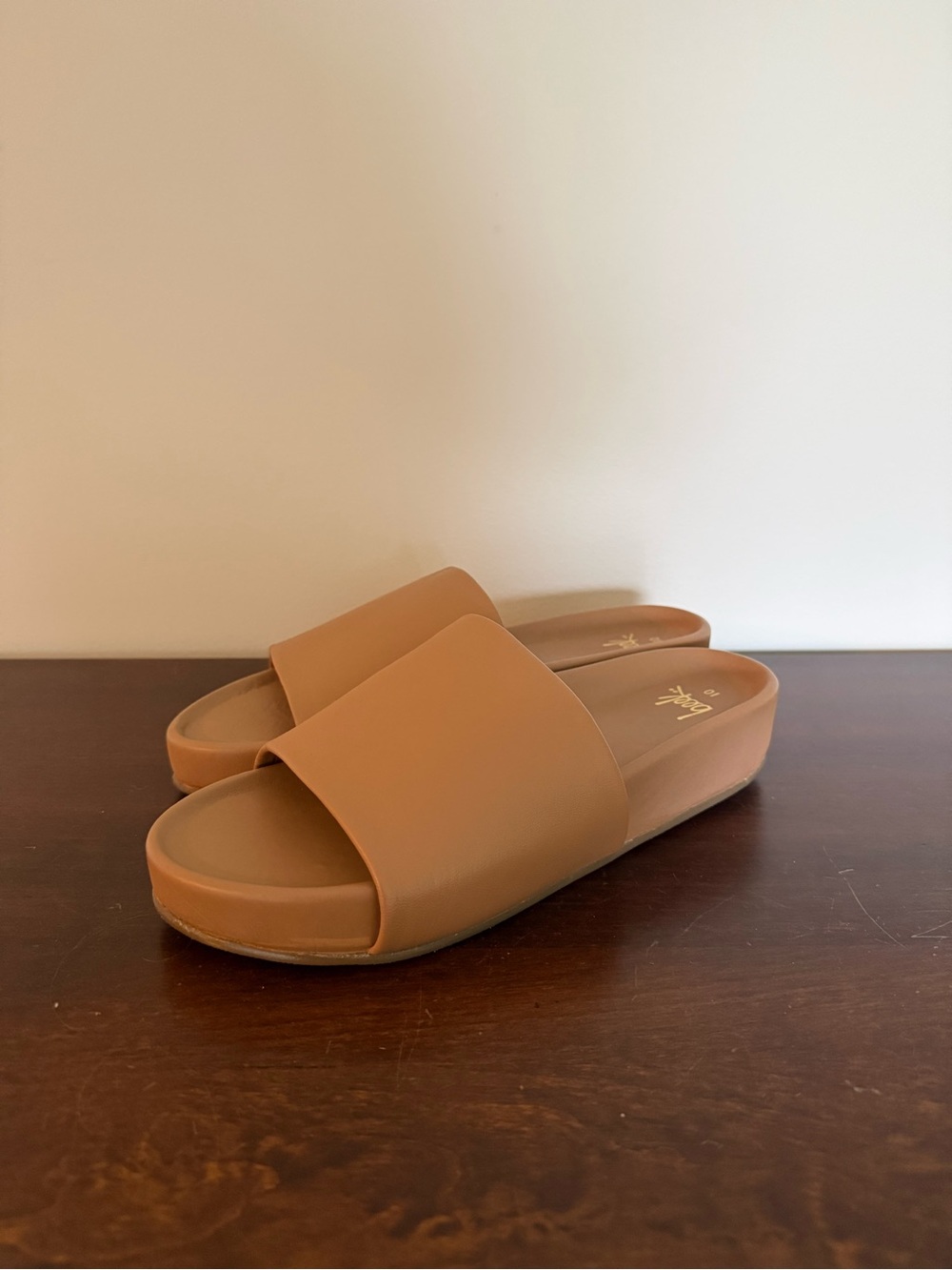 beek Tan Slide Sandals with Platform Sole